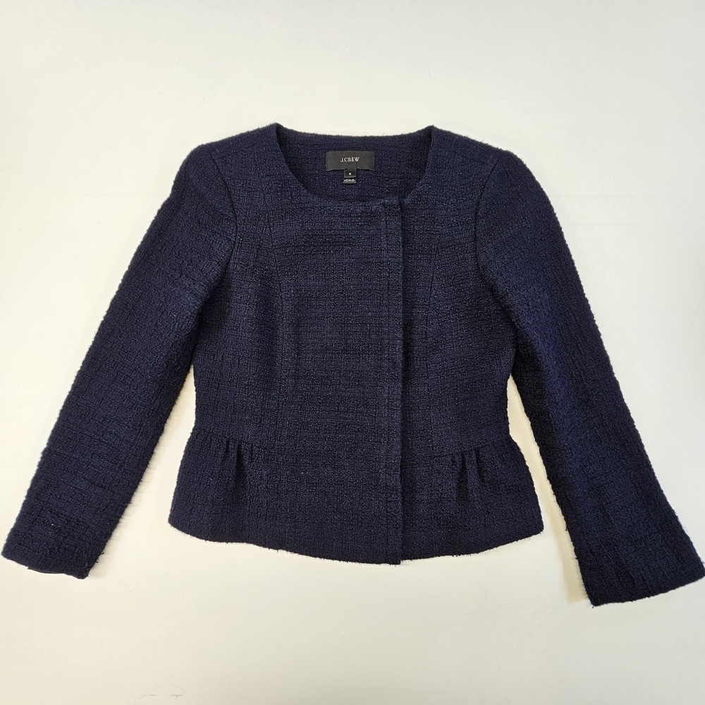 J.Crew Jacket Women Size 0 Crop Peplum Navy Moto Zip Coat Boucle Core NWOT